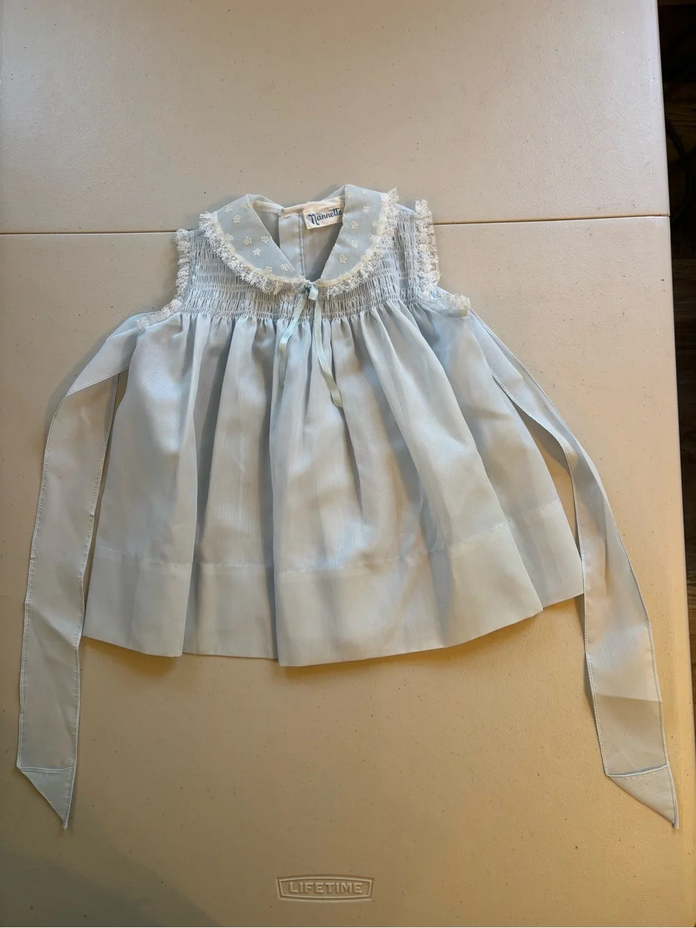 Vintage Nanette Baby Pale Blue Smocked Dress with Ribbon Ties